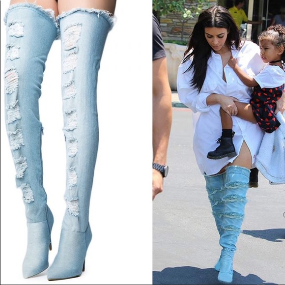 New Blue jean distressed thigh high boots - Picture 2 of 7